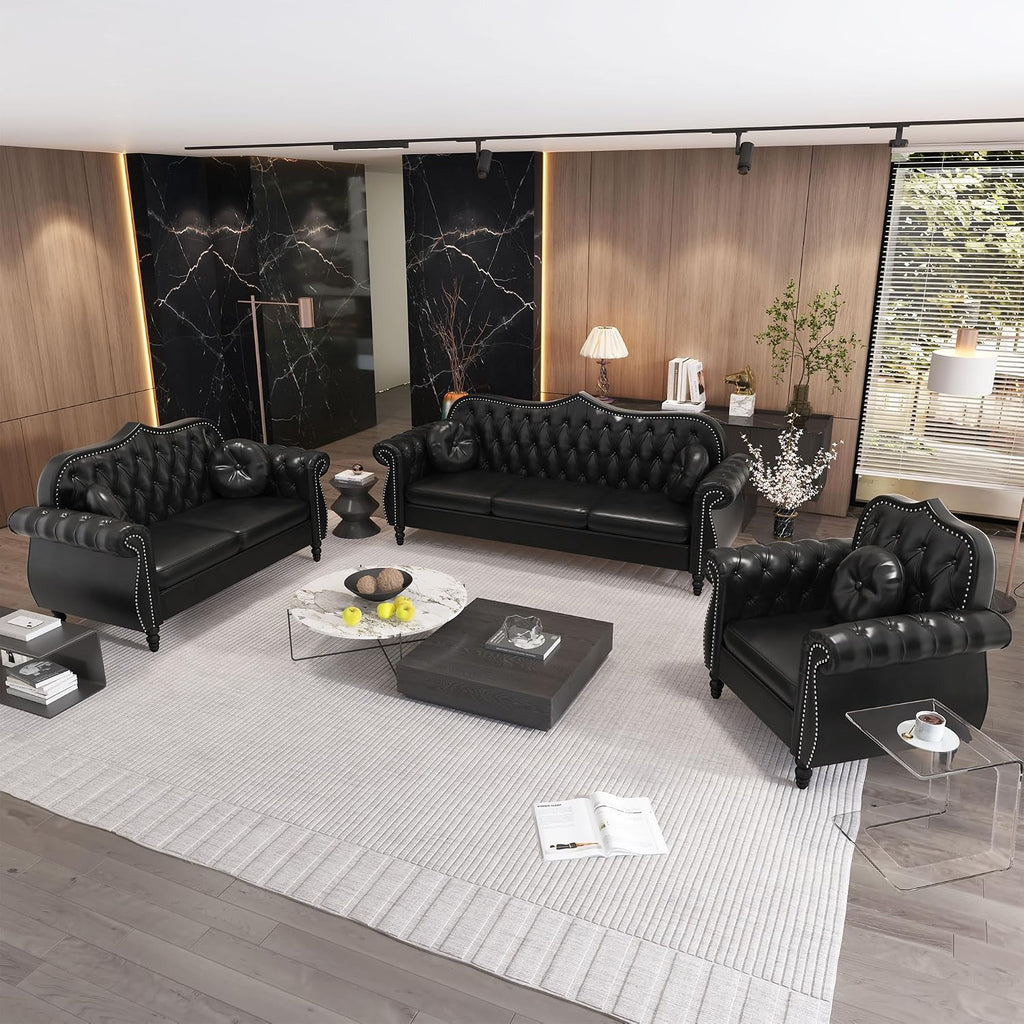 Chesterfield 3-Piece Living Room Sectional Sofa Set, Mid-Century Modern Upholstered PU Sofa Couch, Classic Tufted Button Sofa with Nailhead Trim for Living Room, Office (Black)