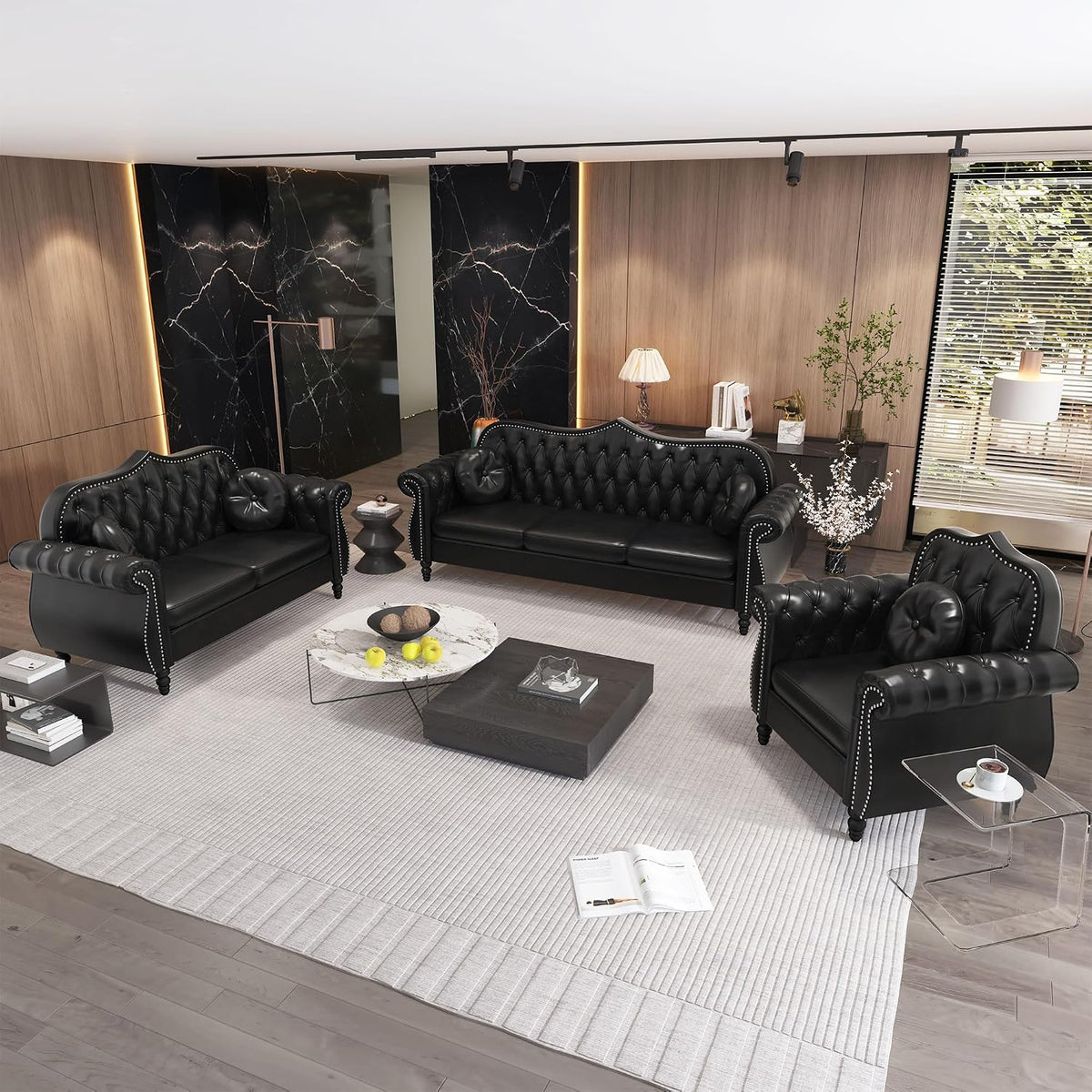 Chesterfield 3-Piece Living Room Sectional Sofa Set, Mid-Century Modern Upholstered PU Sofa Couch, Classic Tufted Button Sofa with Nailhead Trim for Living Room, Office (Black)