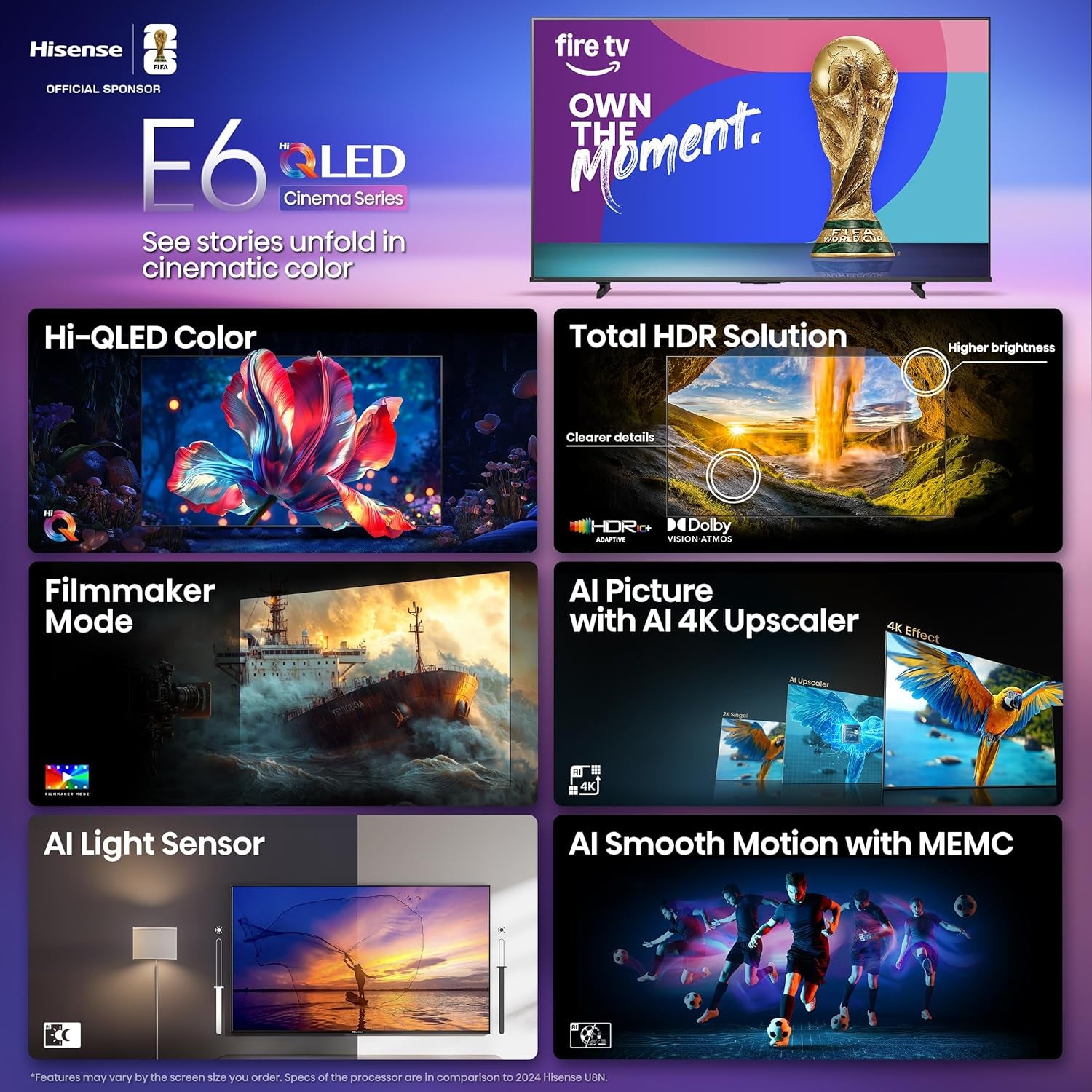 43" E6 Cinema Series Hi-Qled 4K UHD Smart Fire TV (43E6QF) - AI Light Sensor, Dolby Vision · Atmos, Voice Remote with Alexa, Motion Rate 120, HDR 10+ Adaptive, Game Mode Plus