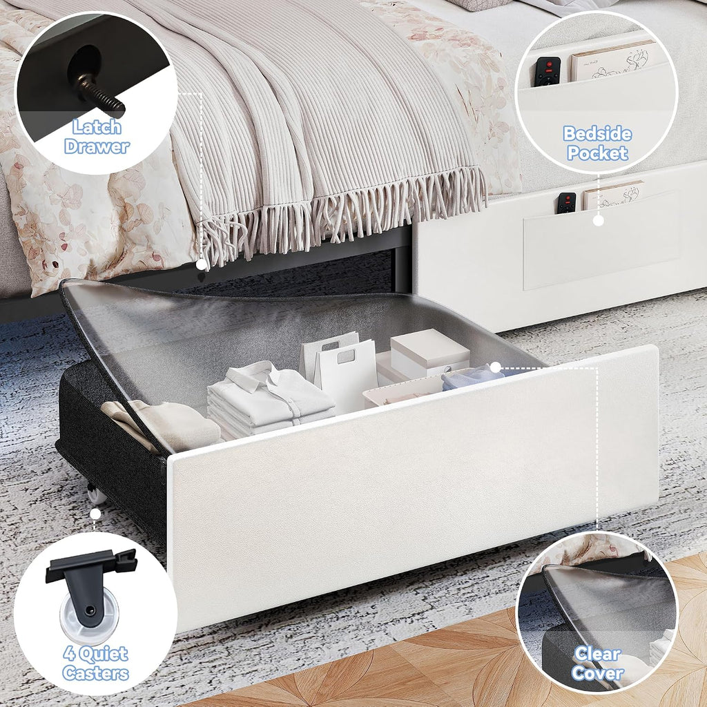 Queen LED Bed Frame with Adjustable Headboard & 2 Drawers, PU White