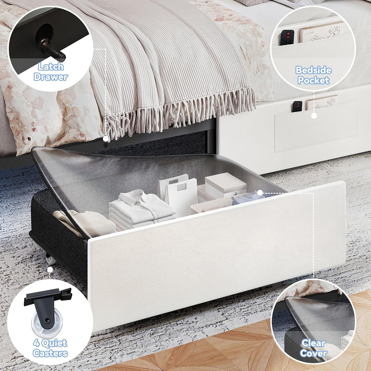 Queen LED Bed Frame with Adjustable Headboard & 2 Drawers, PU White