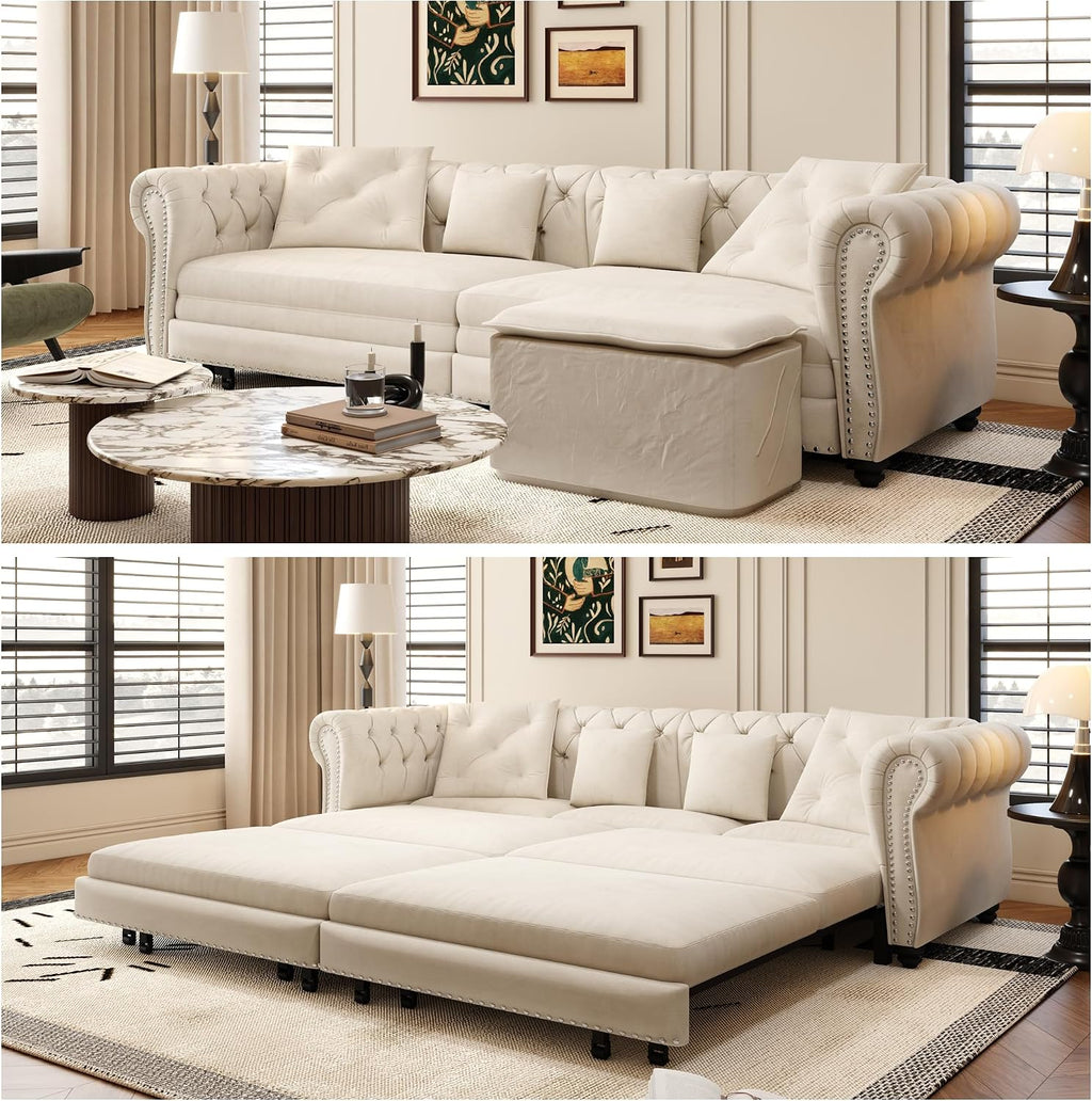 89" King Size Sleeper Sofa Bed, 3-In-1 Convertible Pull Out Chesterfield Sleeper Couch with Ottoman, Oversized Velvet Button Tufted L Shaped Sofa for Living Room Small Spaces, Beige White