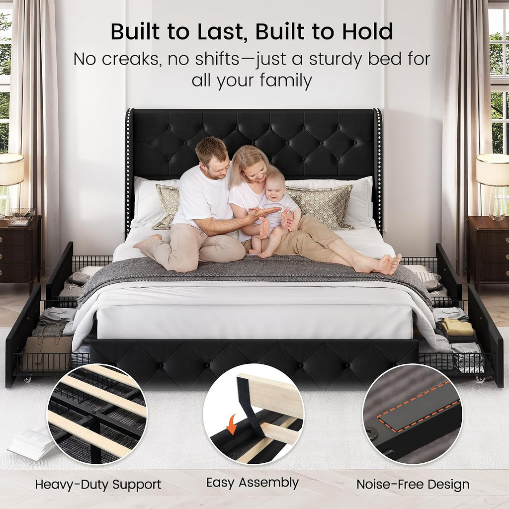 Queen Size Bed Frame with 4 Storage Drawers and 47.2" Tall Wingback Headboard Upholstered Platform Beds Velvet Tufted Bed Frame with Wooden Slats Support, Easy Assembly, Black