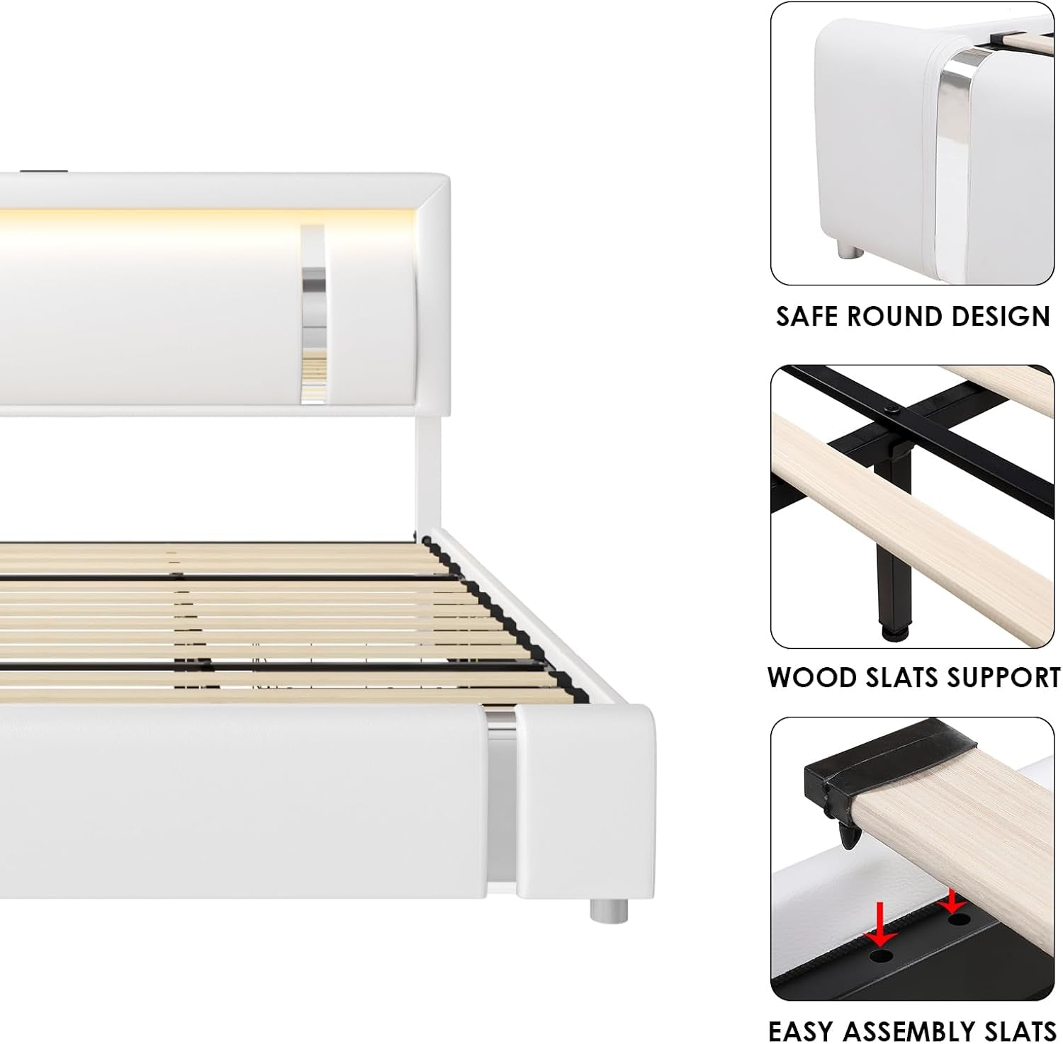 King Size Bed Frame with RGB LED Lights & 2 Storage Drawers, Modern Upholstered Platform Bed with Iron Metal Decor, USB Charging Ports, White