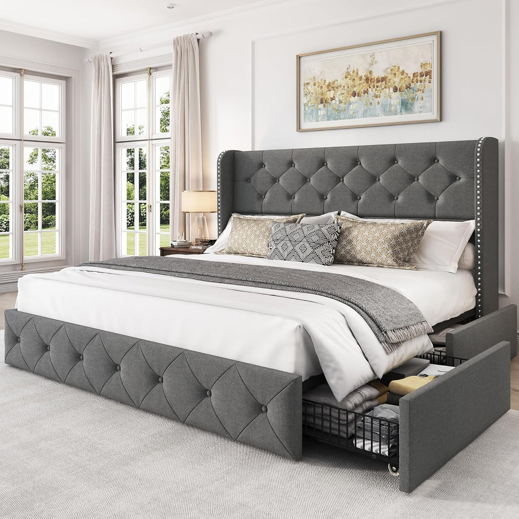 Queen Size Platform Bed Frame with 4 Storage Drawers and 47.2" Tall Tufted Headboard Linen Upholstered Bed Wingback Bed Frame with Wooden Slats Support, Easy Assembly, Light Grey