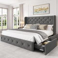 Queen Size Platform Bed Frame with 4 Storage Drawers and 47.2" Tall Tufted Headboard Linen Upholstered Bed Wingback Bed Frame with Wooden Slats Support, Easy Assembly, Light Grey