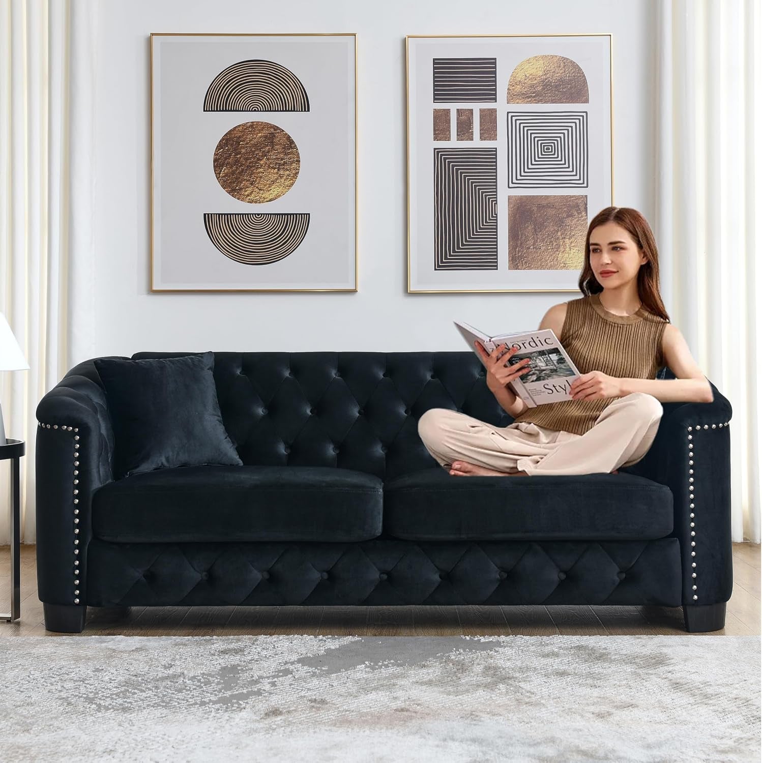 2 Piece Modern Chesterfield Velvet 77" 3-Seater + 59" Loveseat Sofa Set, Upholstered Tufted Backrests with 8" Nailhead Arms and 4 Cushions for Living Room (Black, 77" 3-Seater + 59" Loveseat Sofa Set)