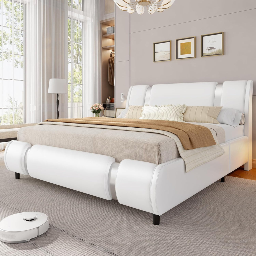 Modern Queen Size Bed Frame with Mirror Metal Decoration, Faux Leather Upholstered Platform Bed with Curved Headboard, Wooden Slats Support, No Box Spring Needed, White