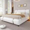 Modern Queen Size Bed Frame with Mirror Metal Decoration, Faux Leather Upholstered Platform Bed with Curved Headboard, Wooden Slats Support, No Box Spring Needed, White