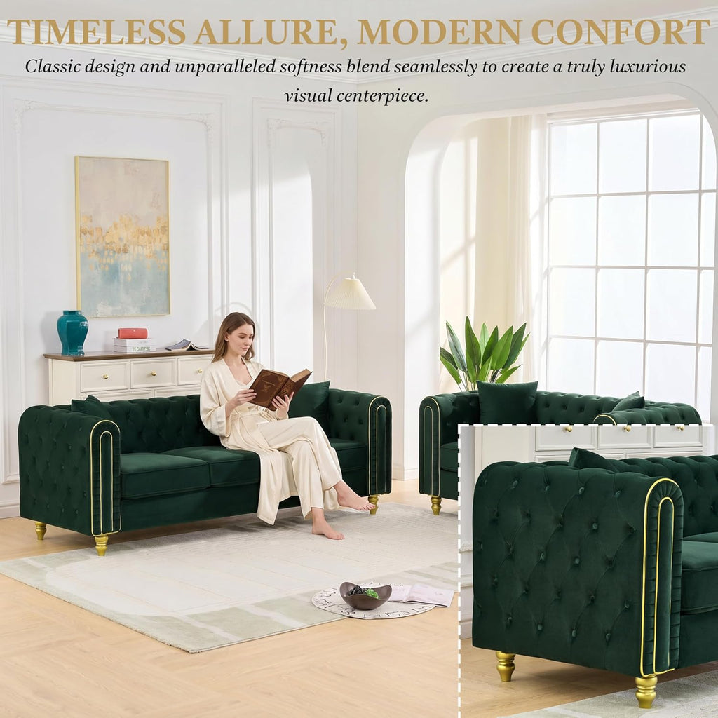 Chesterfield 86" 3-Seater + 63" Loveseat Green Velvet Sofa Sets, 3+2-Seater Couch Comfy Sofa, Button Tufted Rolled Arms and Gold Legs (Green, 2 Piece 86" 3-Seater + 63" Loveseat Sofa, Velvet)