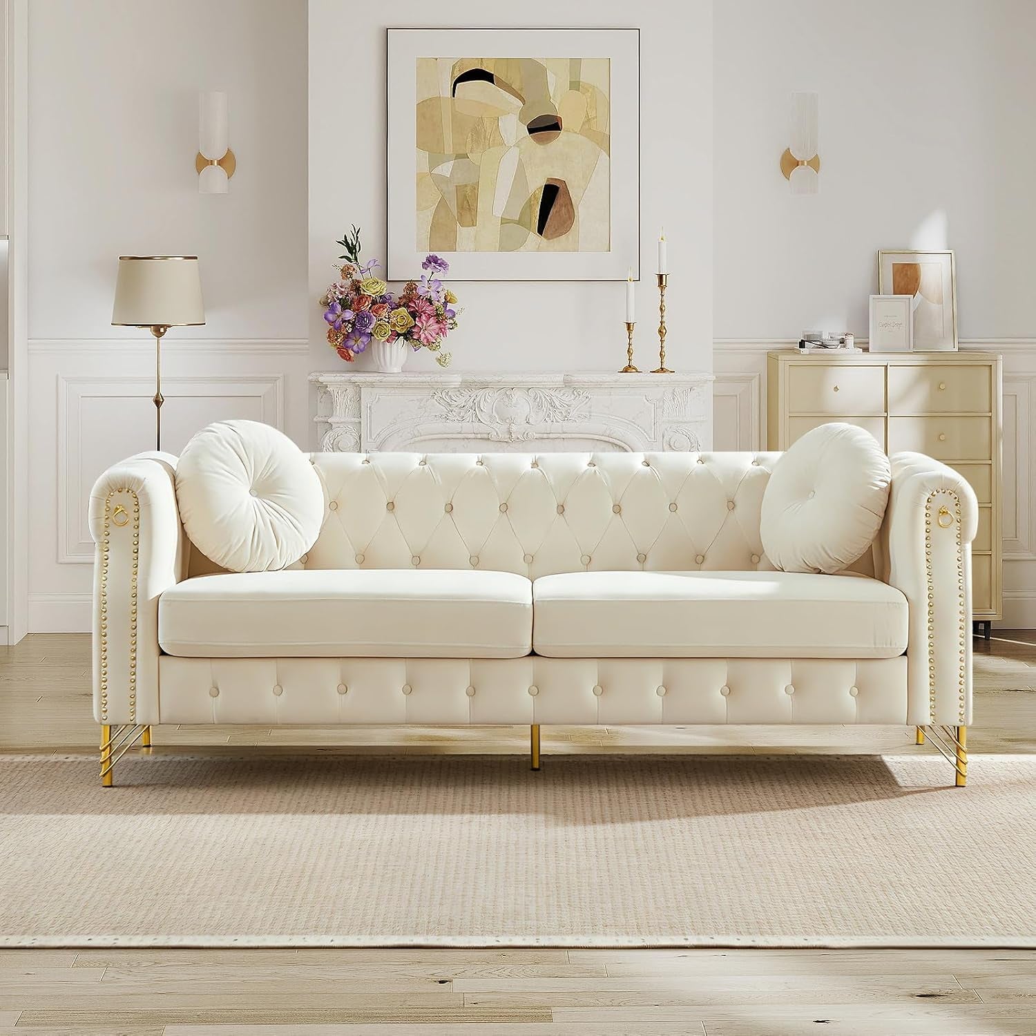 2 Pieces Chesterfield Sofa Set, Velvet Mid Century Modern Couch with Button Tufted & Rivet, Comfy Loveseat Sofa with Armrest Ring & Gold Leg, Cloud 3-Seater Couch for Living Room(60.5"W + 82"W, Beige)