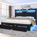 Queen Size Bed Frame, Linen Storage Headboard with LED Light & Charging Station, Upholstered Platform Bed with 2 Storage Drawers, Steel Slats Support, No Box Spring Needed, Black