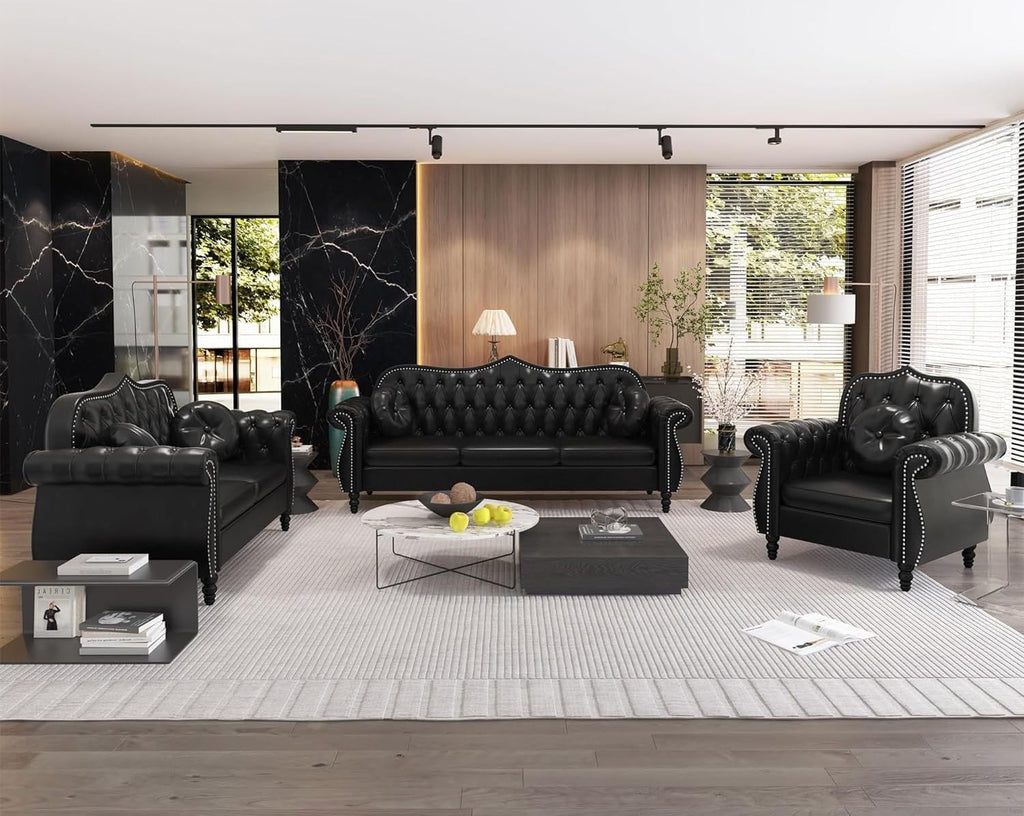 Chesterfield 3-Piece Living Room Sectional Sofa Set, Mid-Century Modern Upholstered PU Sofa Couch, Classic Tufted Button Sofa with Nailhead Trim for Living Room, Office (Black)