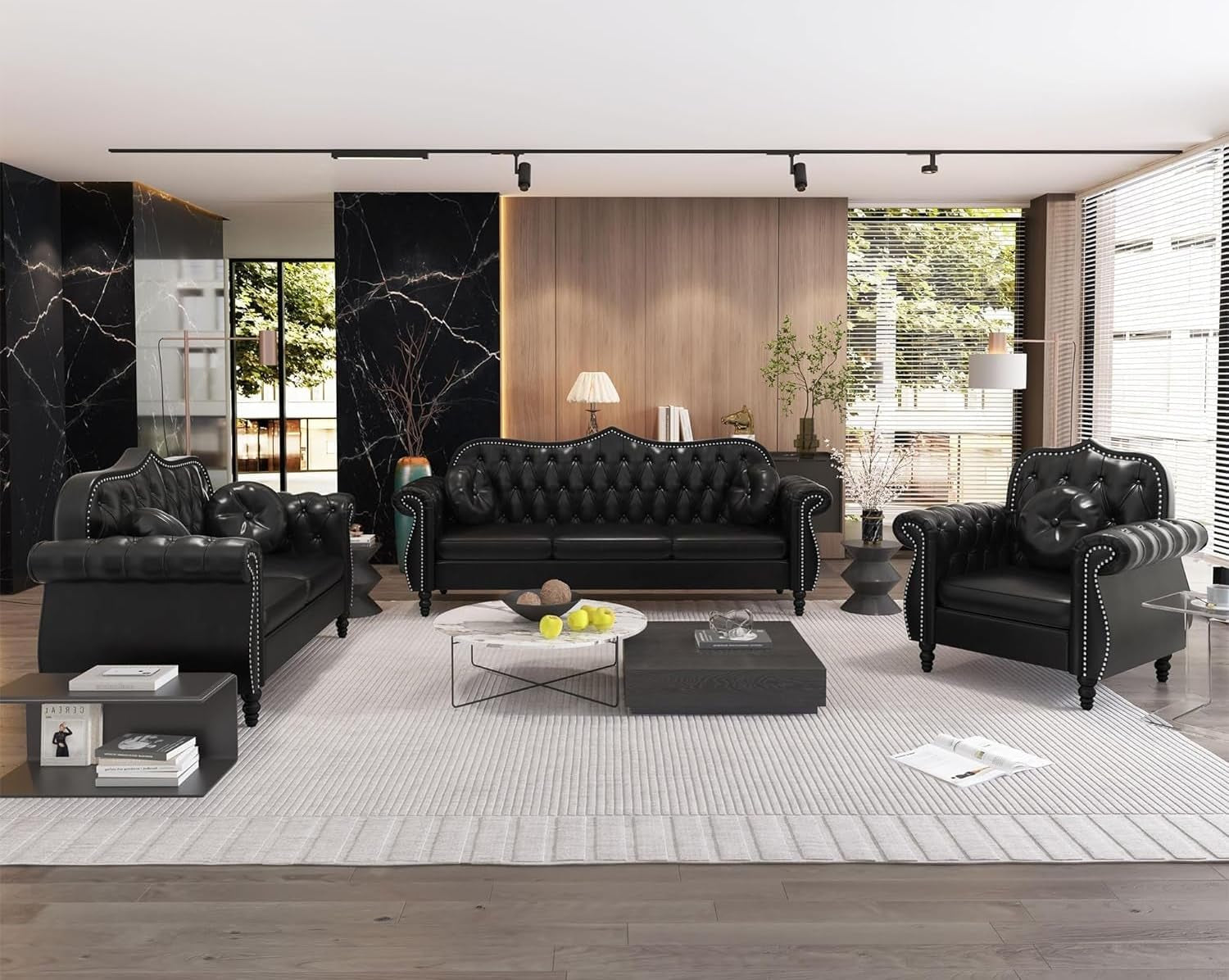 Chesterfield 3-Piece Living Room Sectional Sofa Set, Mid-Century Modern Upholstered PU Sofa Couch, Classic Tufted Button Sofa with Nailhead Trim for Living Room, Office (Black)