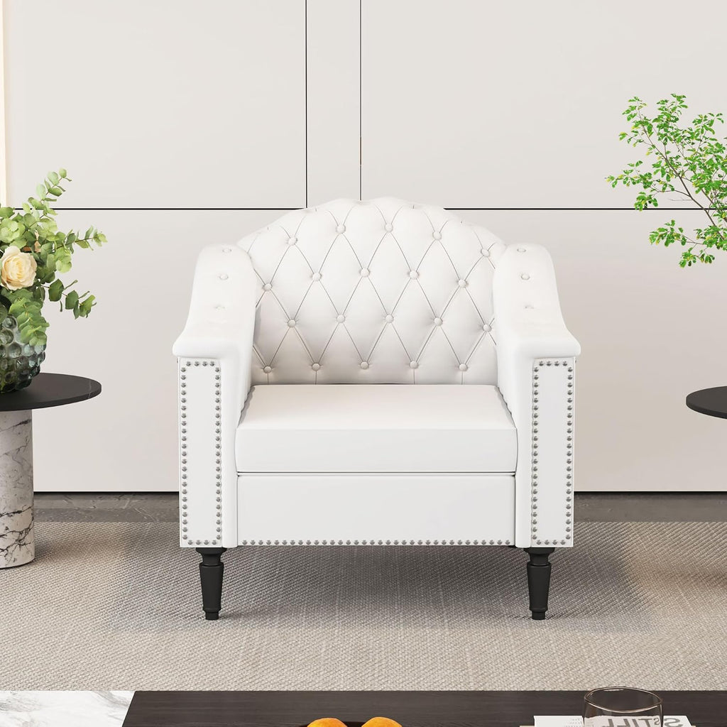 3-Piece Living Room Sofa Set, Chesterfield Sofa Mid-Century Modern Velvet Sofa, Upholstered Couch with Nailhead Trim and Button Tufted for Living Room, Office, Bedroom (1+2+3 Seat White)