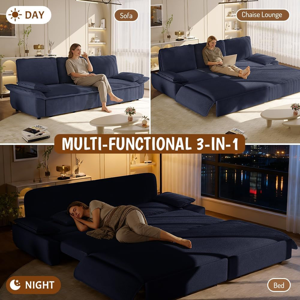 94.5'' King Size Pull Out Sleeper Sofa, 3-In-1 Convertible Futon Couch with Cloud Comfort, Corduroy Reclining Loveseat Sofa for Office, RV, Home Theater