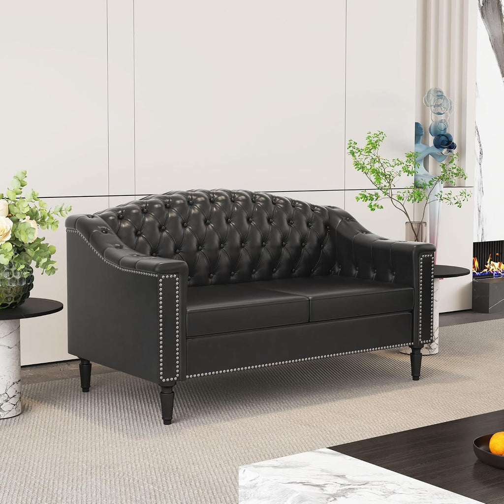 3-Piece Living Room Sofa Set, Chesterfield Sofa Mid-Century Modern PU Sofa, Upholstered Couch with Nailhead Trim and Button Tufted for Living Room, Office, Bedroom (1+2+3 Seat Black)