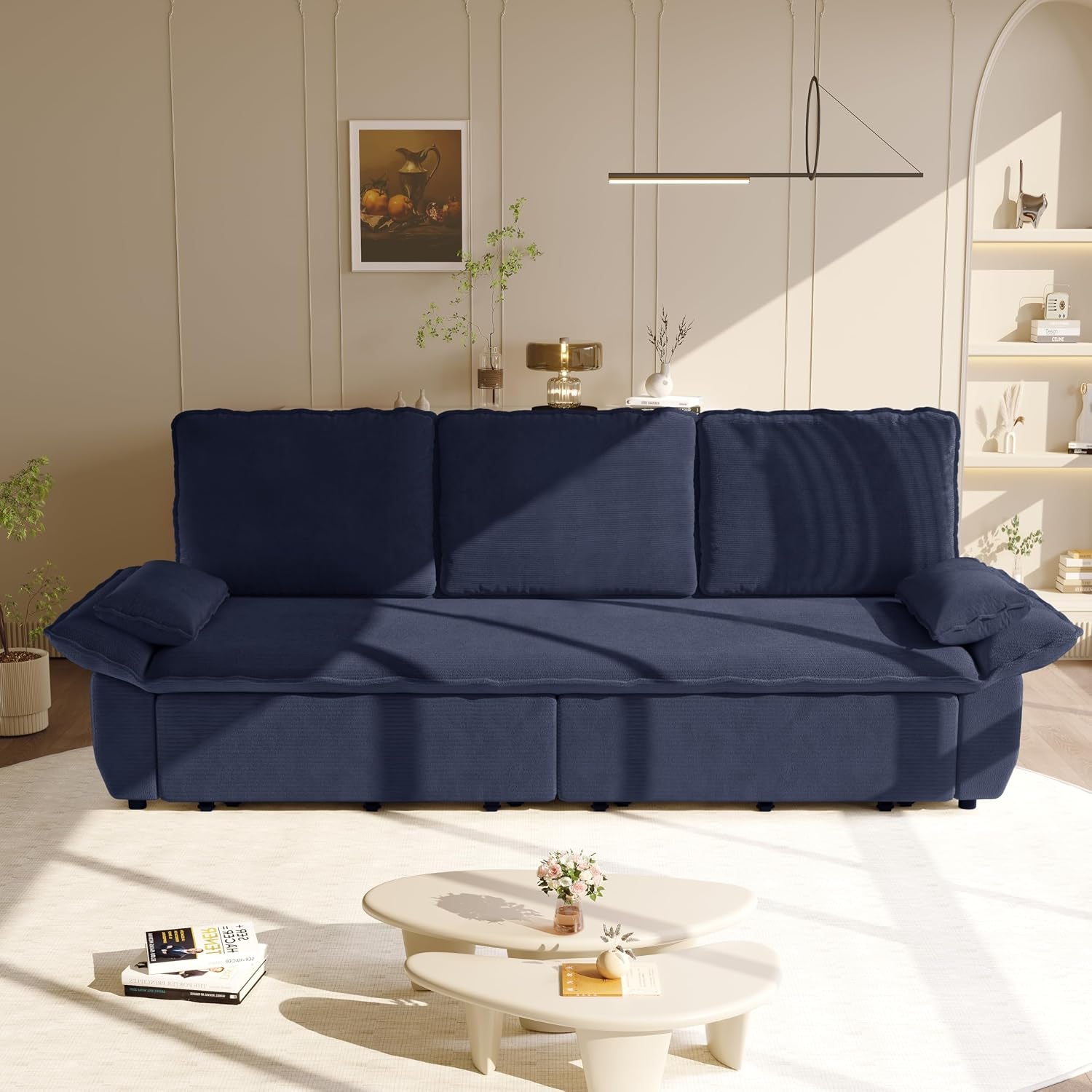 94.5'' King Size Pull Out Sleeper Sofa, 3-In-1 Convertible Futon Couch with Cloud Comfort, Corduroy Reclining Loveseat Sofa for Office, RV, Home Theater