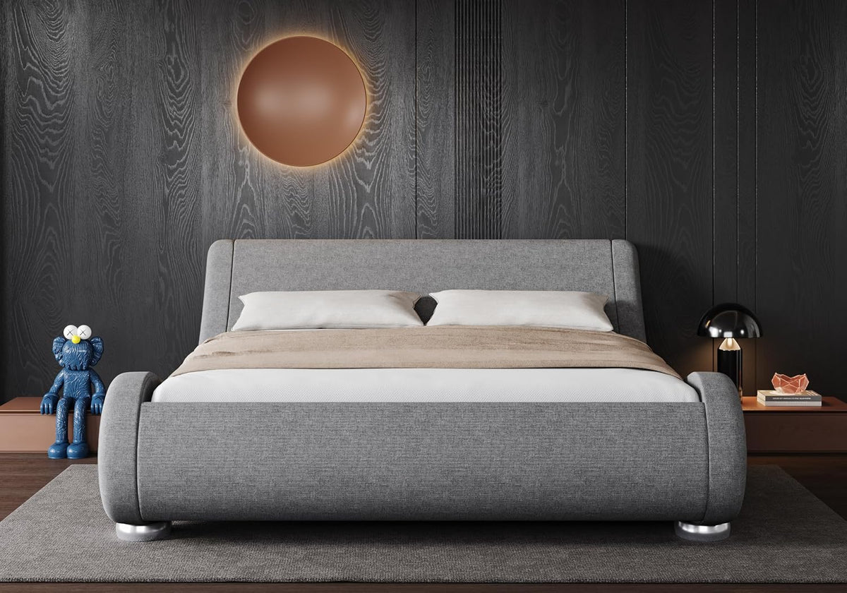 King Upholstered Sleigh Bed Frame with Adjustable Headboard, Grey