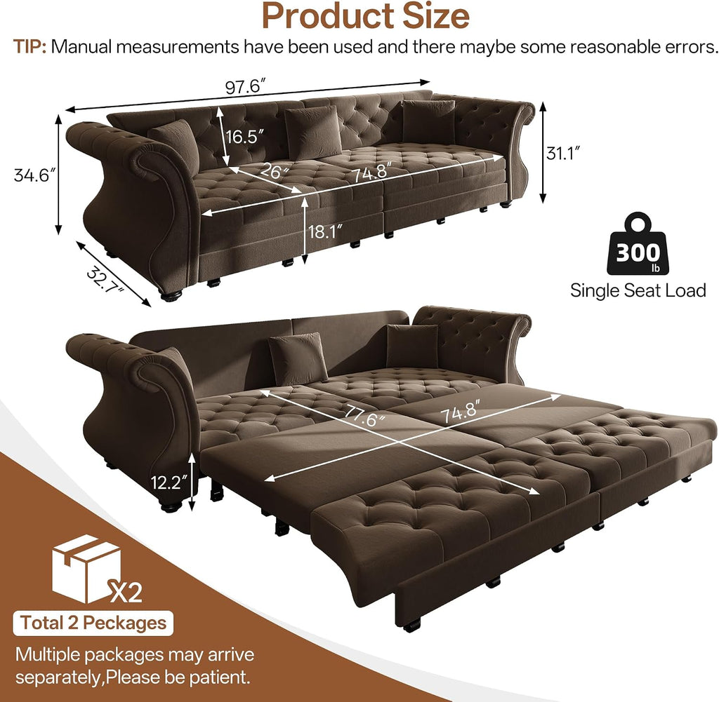 Sleeper Sofa Bed 97.6", Velvet Pull Out Couch, Chesterfield Sofa, Brown