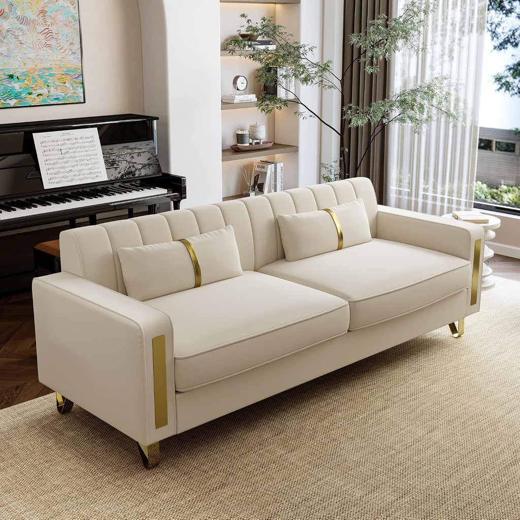 2-Piece Loveseat Couch Set for Living Room, 86" Beige 3-Seater Velvet Sofa Couch with 4 Pillows & Gold Metal Legs, Modern Upholstered Sofa Set Love Seat Sectional Couches for Apartment Home Office