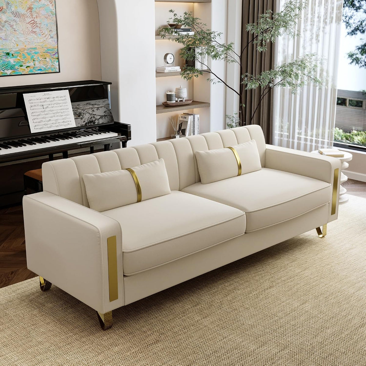 2-Piece Loveseat Couch Set for Living Room, 86" Beige 3-Seater Velvet Sofa Couch with 4 Pillows & Gold Metal Legs, Modern Upholstered Sofa Set Love Seat Sectional Couches for Apartment Home Office