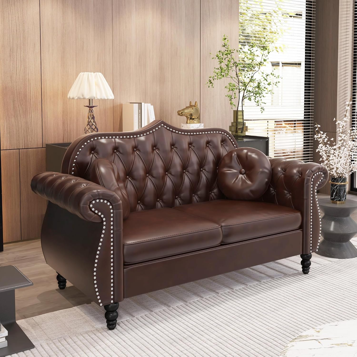 Chesterfield 3-Piece Living Room Sectional Sofa Set, Mid-Century Modern Upholstered PU Couch, Classic Tufted Button Sofa with Nailhead Trim for Living Room, Office (Brown)