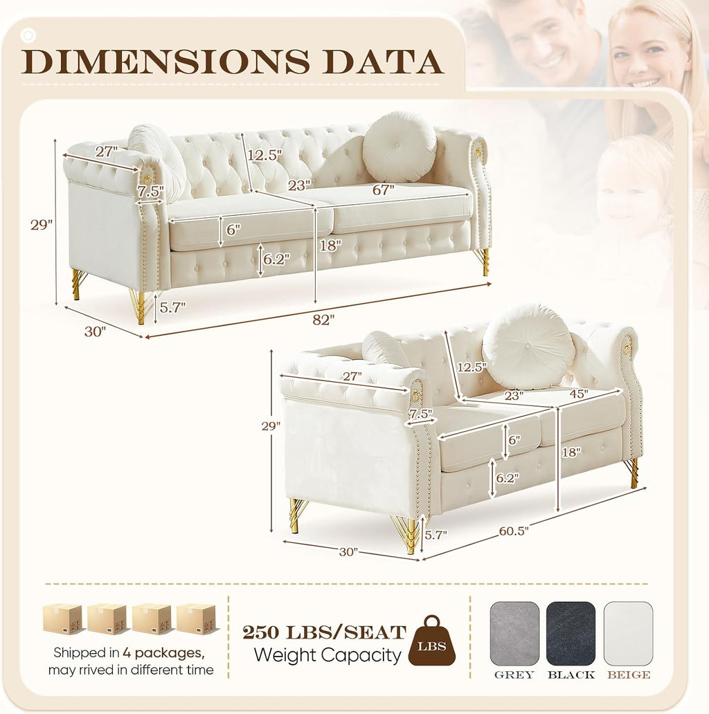 2 Pieces Chesterfield Sofa Set, Velvet Mid Century Modern Couch with Button Tufted & Rivet, Comfy Loveseat Sofa with Armrest Ring & Gold Leg, Cloud 3-Seater Couch for Living Room(60.5"W + 82"W, Beige)