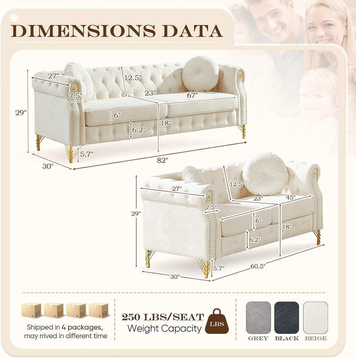 2 Pieces Chesterfield Sofa Set, Velvet Mid Century Modern Couch with Button Tufted & Rivet, Comfy Loveseat Sofa with Armrest Ring & Gold Leg, Cloud 3-Seater Couch for Living Room(60.5"W + 82"W, Beige)