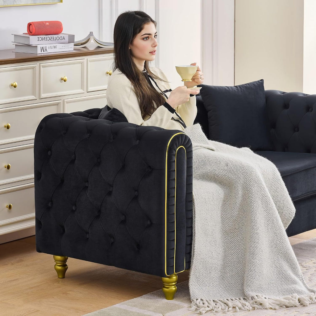 Velvet Chesterfield Button Tufted Sofa Set, 2 Pcs Modern 3 Seater Couch with Golden Legs & High-Density Cushion, Upholstered Comfy Sofa with Pillows for Living Room, Black