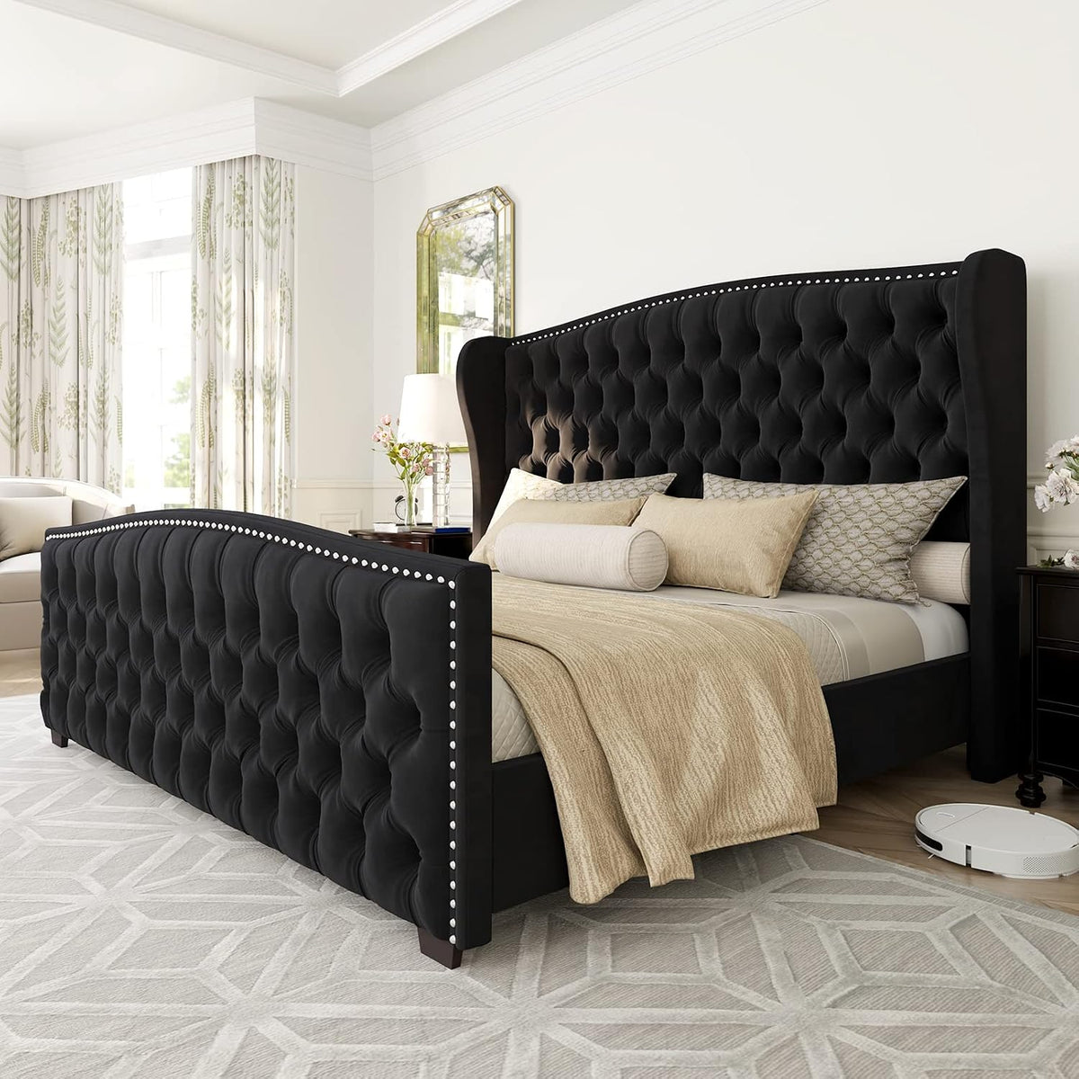 Queen Size Bed Frame with Velvet Upholstered Wingback Headboard