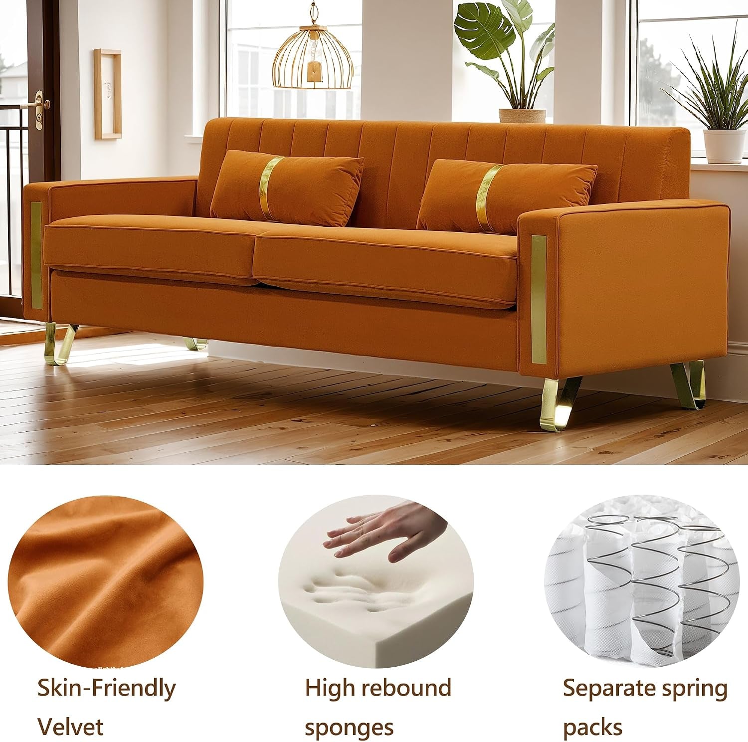 Loveseat Sofa for Living Room Set of 2, 2 Pcs 86" 3-Seater Velvet Sofa Couch with 2 Pillows & Gold Metal Legs, Modern Upholstered Sectional Love Seat Couch Set for Bedroom Apartment Home Office Orange