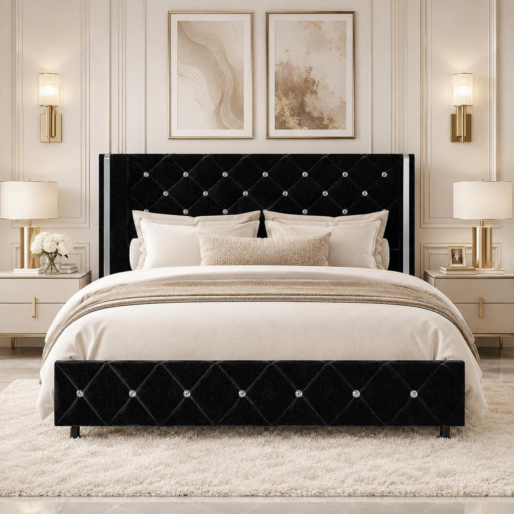Queen Bed Frame with Silverside Wingback Headboard, Black