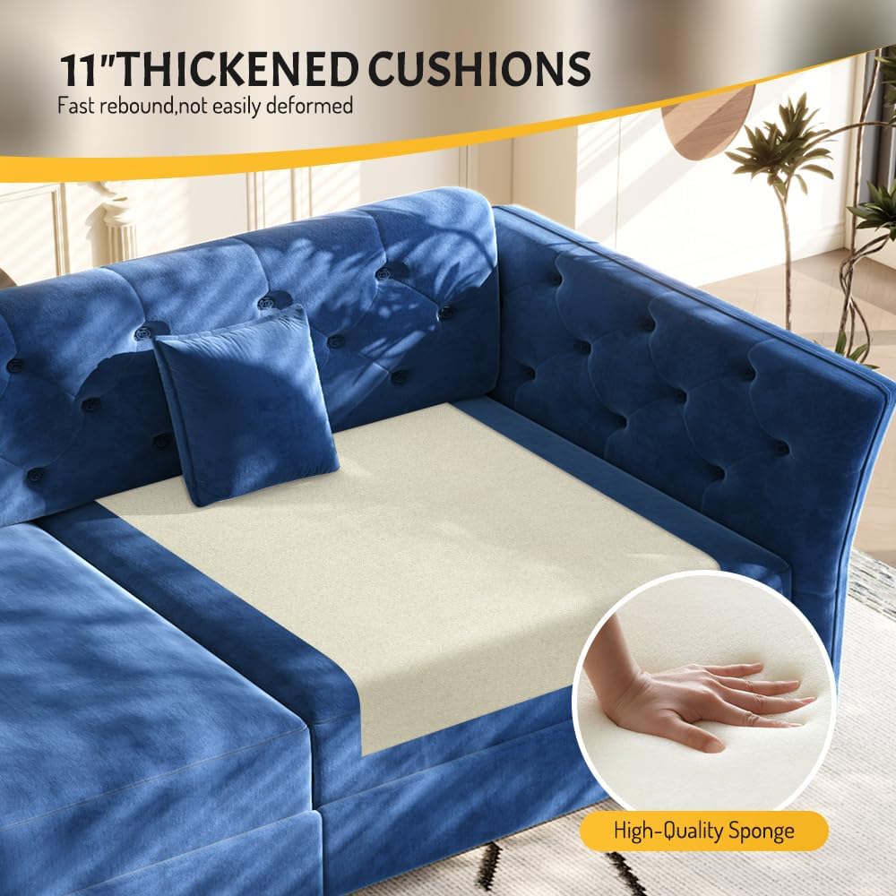 Sleeper Sofa Bed 100", Velvet Pull Out Couch, Flower Tufted Sofa, Blue