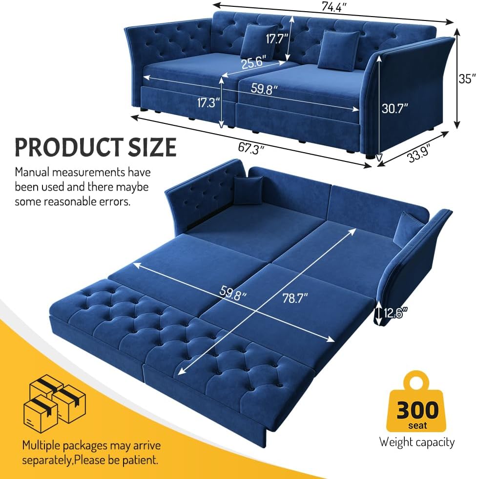 Sleeper Sofa Bed 100", Velvet Pull Out Couch, Flower Tufted Sofa, Blue