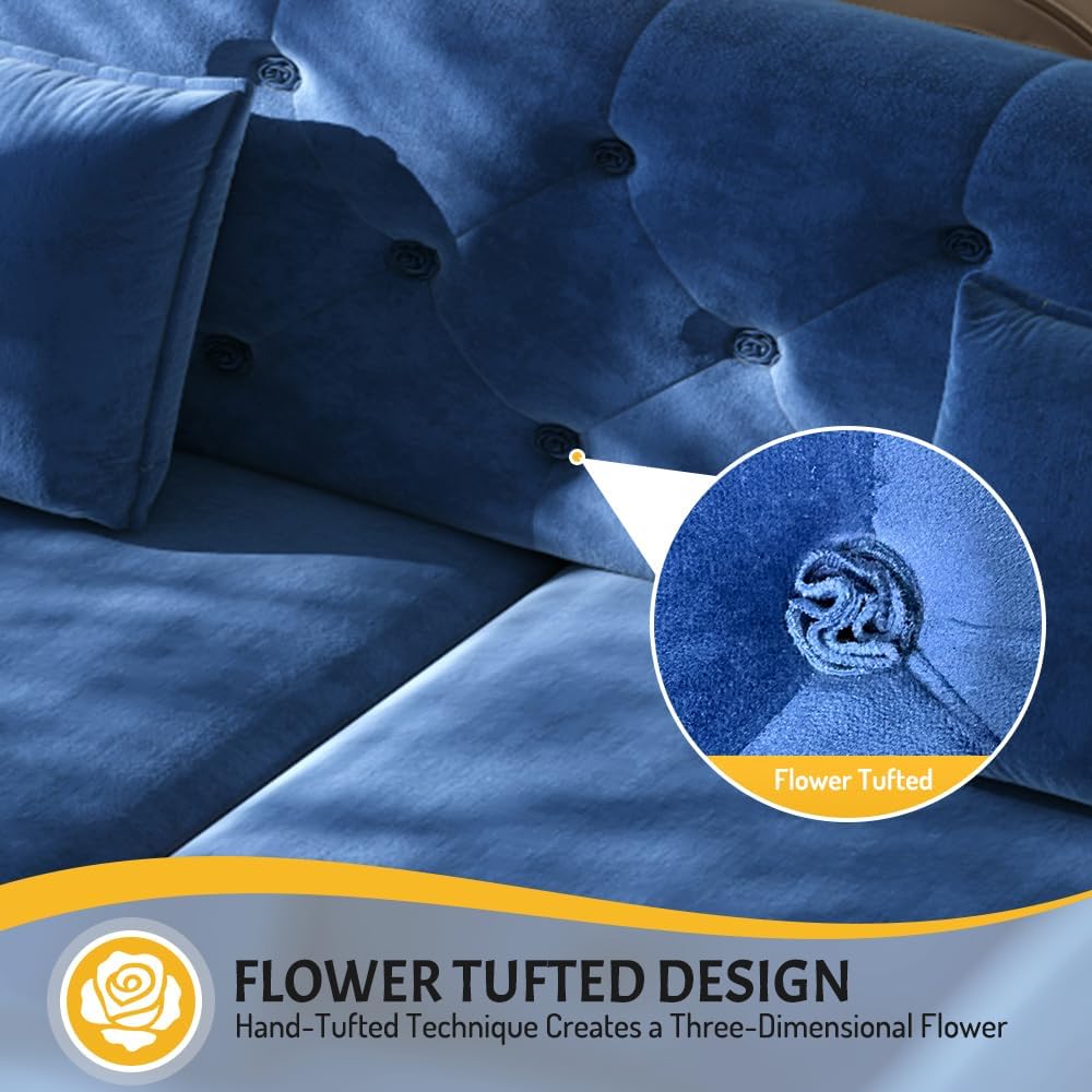 Sleeper Sofa Bed 100", Velvet Pull Out Couch, Flower Tufted Sofa, Blue