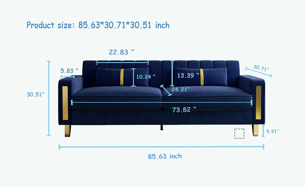 Loveseat Sofa for Living Room Set of 2, 2 Pcs 86" 3-Seater Velvet Sofa Couch with 2 Pillows & Gold Metal Legs, Modern Upholstered Sectional Love Seat Couch Set for Bedroom Apartment Home Office Blue