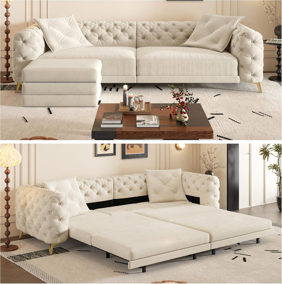 97.7" King Size Sleeper Sofa Bed, 3-In-1 Convertible Pull Out Chesterfield Sleeper Couch with Ottoman, Oversized Velvet Button Tufted L Shaped Sofa for Living Room Small Spaces, Beige White