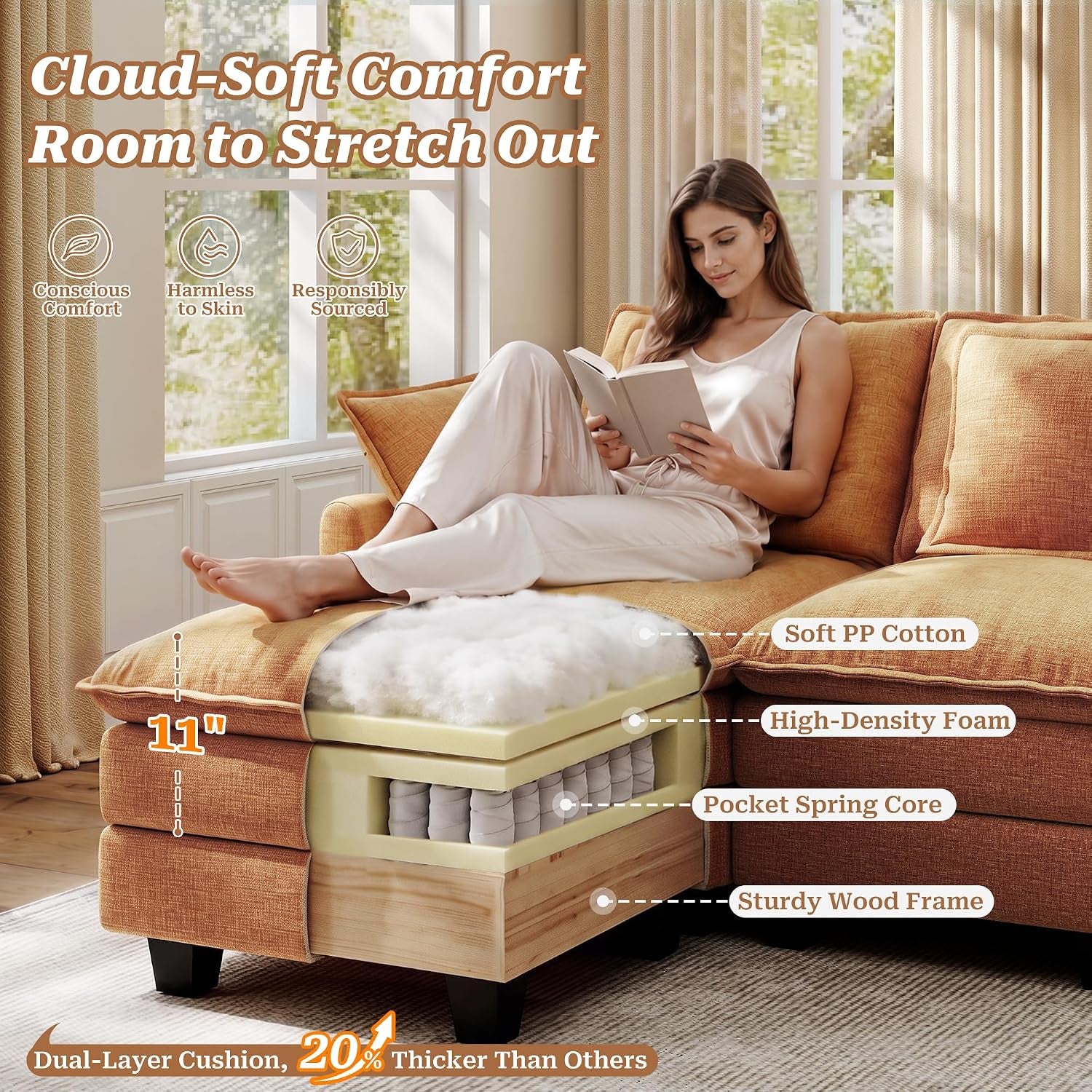 107" Modular Sectional Cloud Sofa, U Shaped 6 Seat Chenille Couch with Movable Ottomans and 48" Deep Seat, Convertible Couches for Living Room, Orange