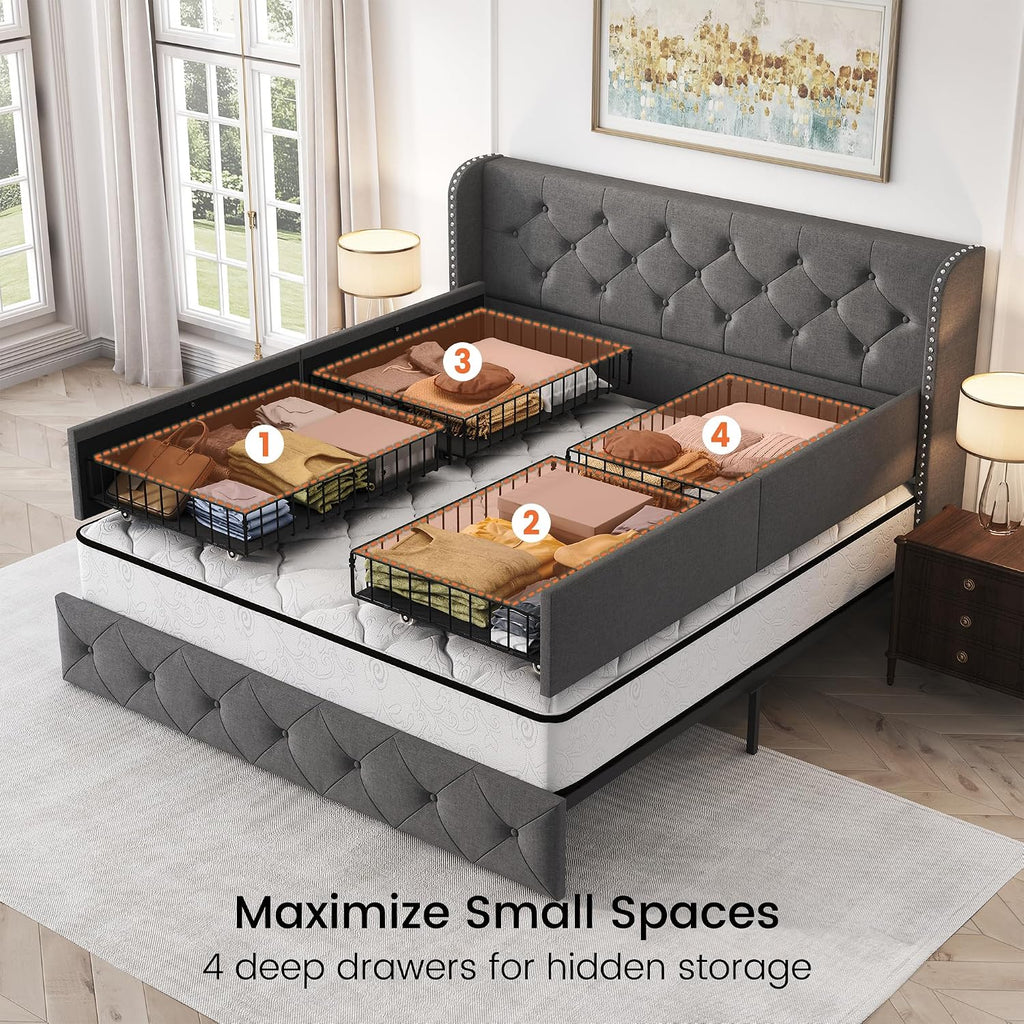 Queen Size Platform Bed Frame with 4 Storage Drawers and 47.2" Tall Tufted Headboard Linen Upholstered Bed Wingback Bed Frame with Wooden Slats Support, Easy Assembly, Light Grey