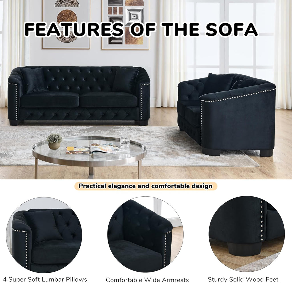 2 Piece Modern Chesterfield Velvet 77" 3-Seater + 59" Loveseat Sofa Set, Upholstered Tufted Backrests with 8" Nailhead Arms and 4 Cushions for Living Room (Black, 77" 3-Seater + 59" Loveseat Sofa Set)