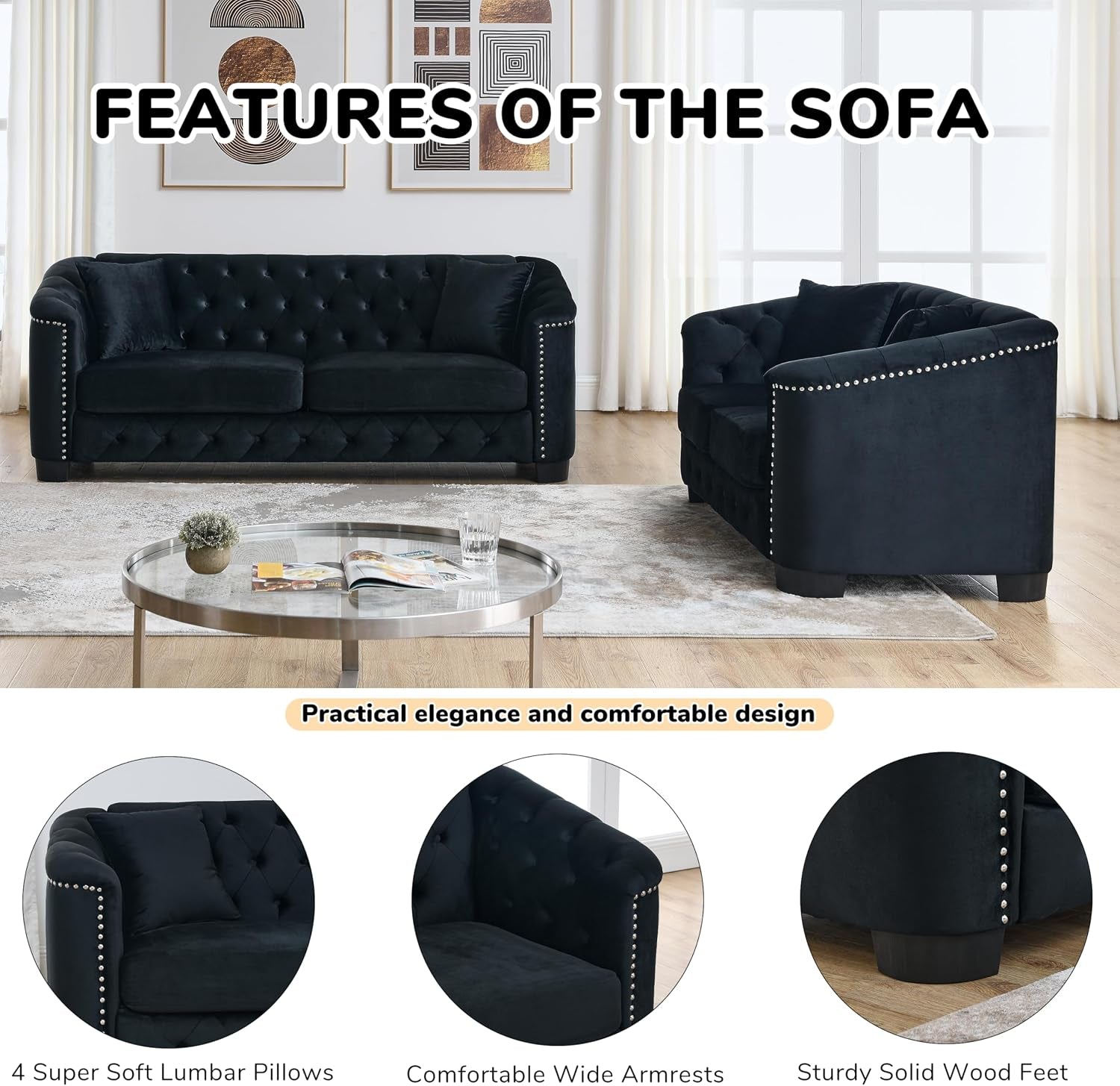 2 Piece Modern Chesterfield Velvet 77" 3-Seater + 59" Loveseat Sofa Set, Upholstered Tufted Backrests with 8" Nailhead Arms and 4 Cushions for Living Room (Black, 77" 3-Seater + 59" Loveseat Sofa Set)