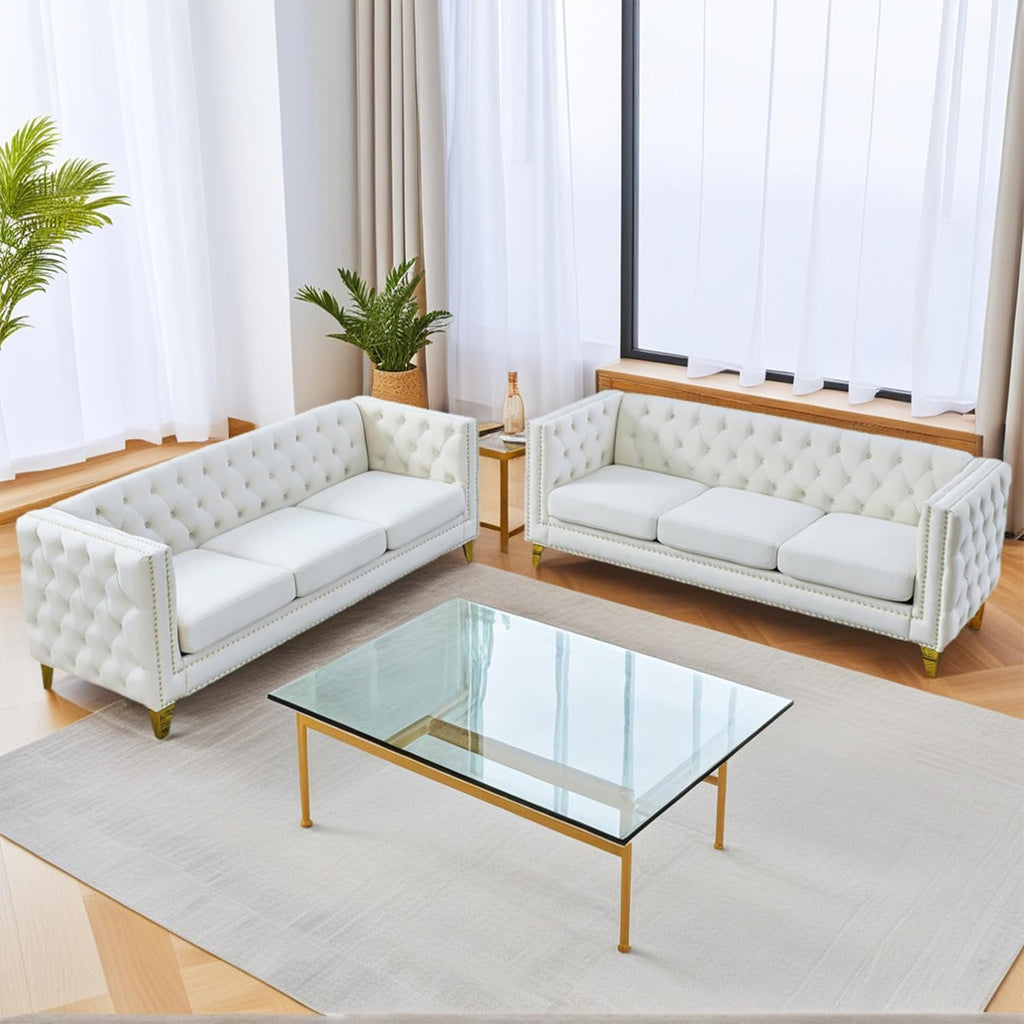 2 Pieces Beige 81" 3-Seater Velvet Sofa Set, Buttons Tufted and Square Arm, Inlaid Gold Nail Heads and 4 Golden Metal Legs for Living Room
