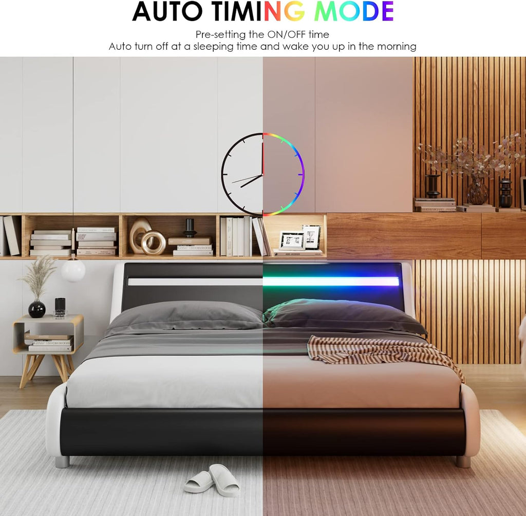 Upholstered Queen LED Bed Frame with Headboard, Modern Low Profile Platform Bed with Strong Slats Support, Faux Leather Wave-Like Bed Frame, Easy Assembly, No Box Spring Needed, Blackwhite