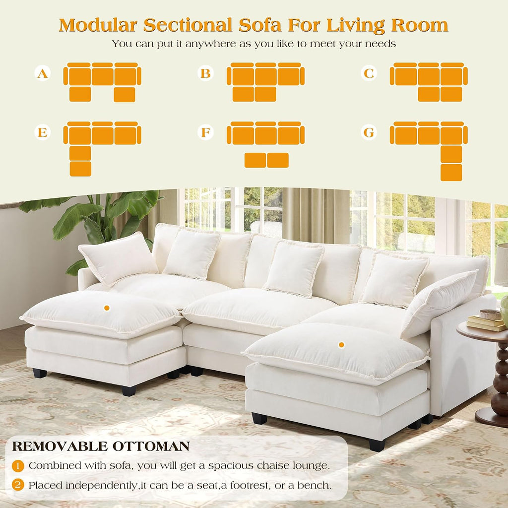 Modular Sectional Sofa,Cloud Couch for Living Room,Modern Deep Seat Sofa Chenille Fabric Comfy Couches with Throw Pillows & Movable Ottoman for Apartment