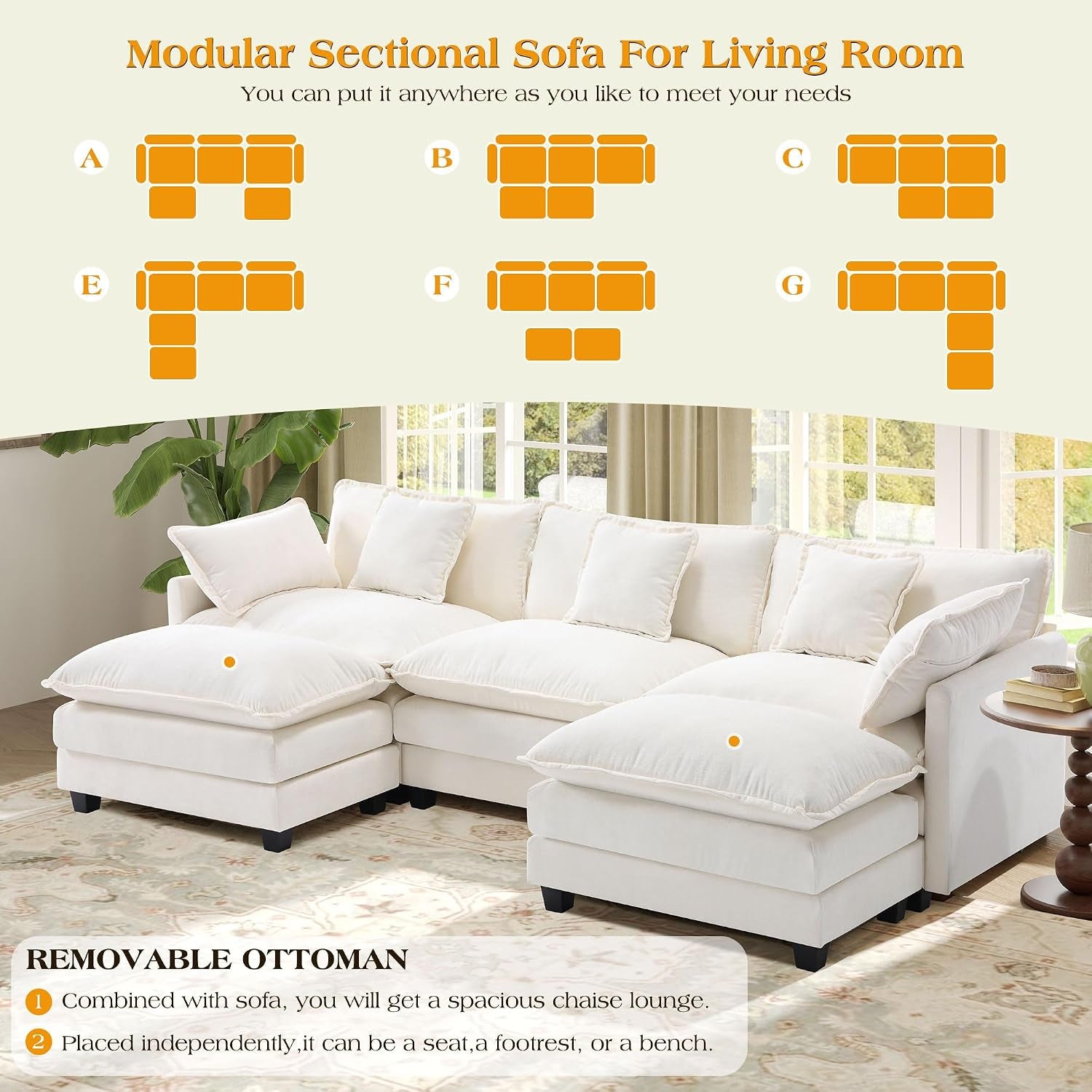 Modular Sectional Sofa,Cloud Couch for Living Room,Modern Deep Seat Sofa Chenille Fabric Comfy Couches with Throw Pillows & Movable Ottoman for Apartment