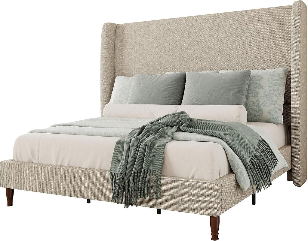 Bed Frame Queen Size Tall Wingback Headboard Upholstered, Brown