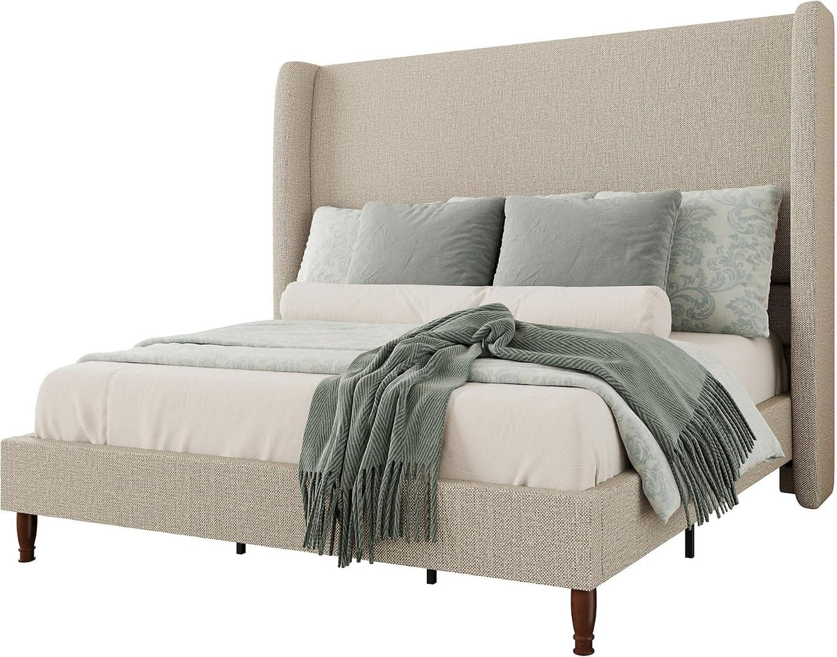 Bed Frame Queen Size Tall Wingback Headboard Upholstered, Brown