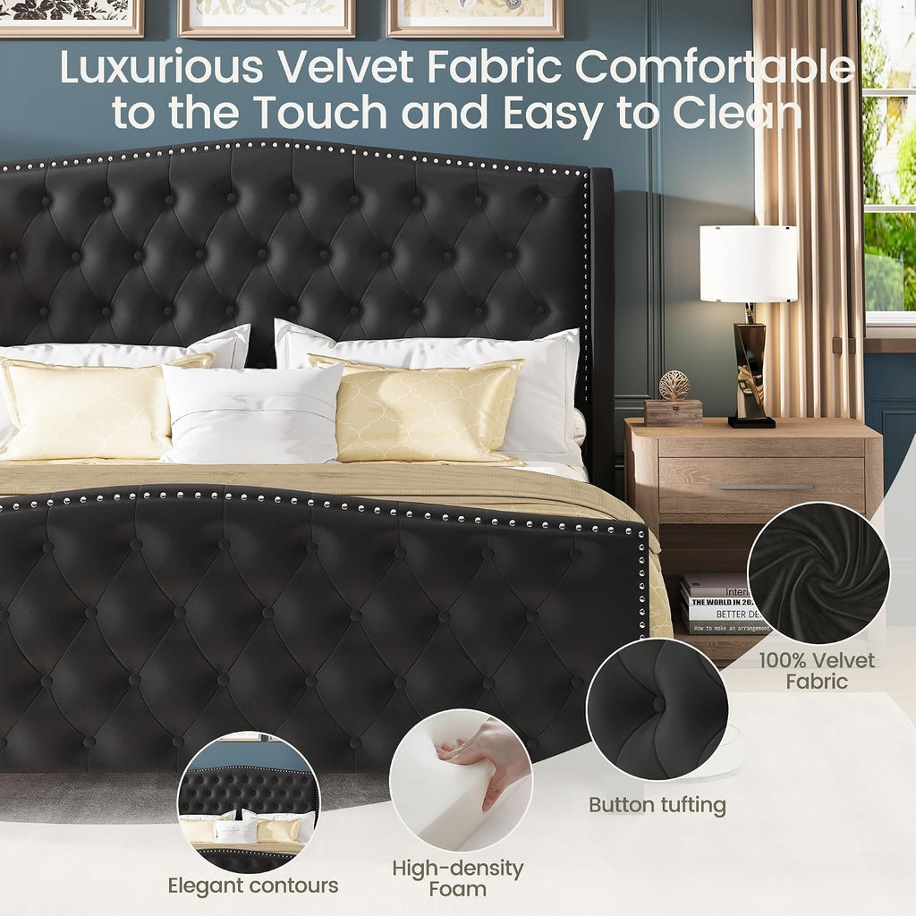 Queen Size Bed Frame Velvet Upholstered Platform Bed with Wingback Headboard & Footbaord, Deep Button Tufted Bed Frame with Wood Slats Support, No Box Spring Needed, Black