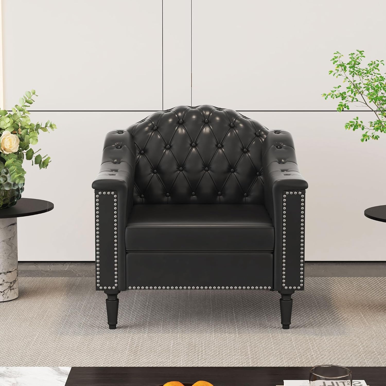 3-Piece Living Room Sofa Set, Chesterfield Sofa Mid-Century Modern PU Sofa, Upholstered Couch with Nailhead Trim and Button Tufted for Living Room, Office, Bedroom (1+2+3 Seat Black)